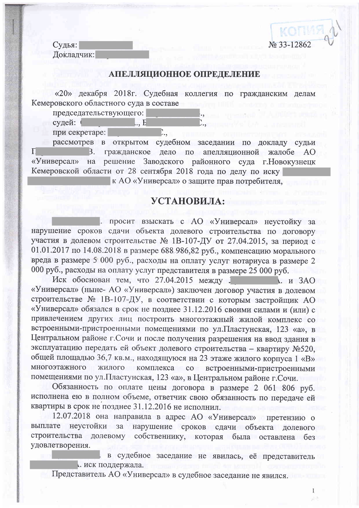 Апелляционное определение от 20.12.2018 г.